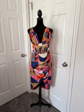 Avery “Mauve” NWOT Draped Mini Dress in Multicolor Geometric Pattern
